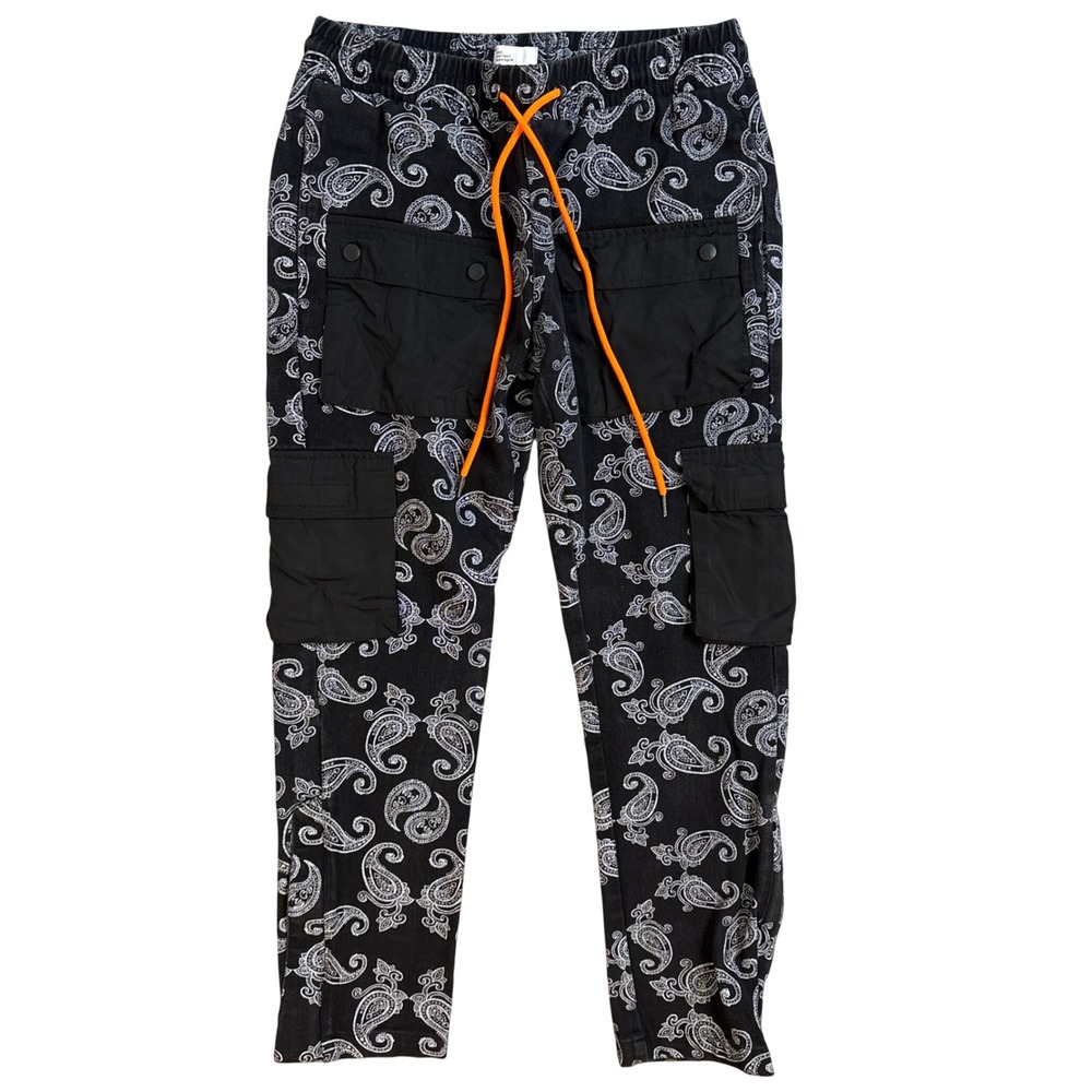 Eptm Cargo Pants Black White Paisley Bandana Print Men Sz M 32 waist Drawstring